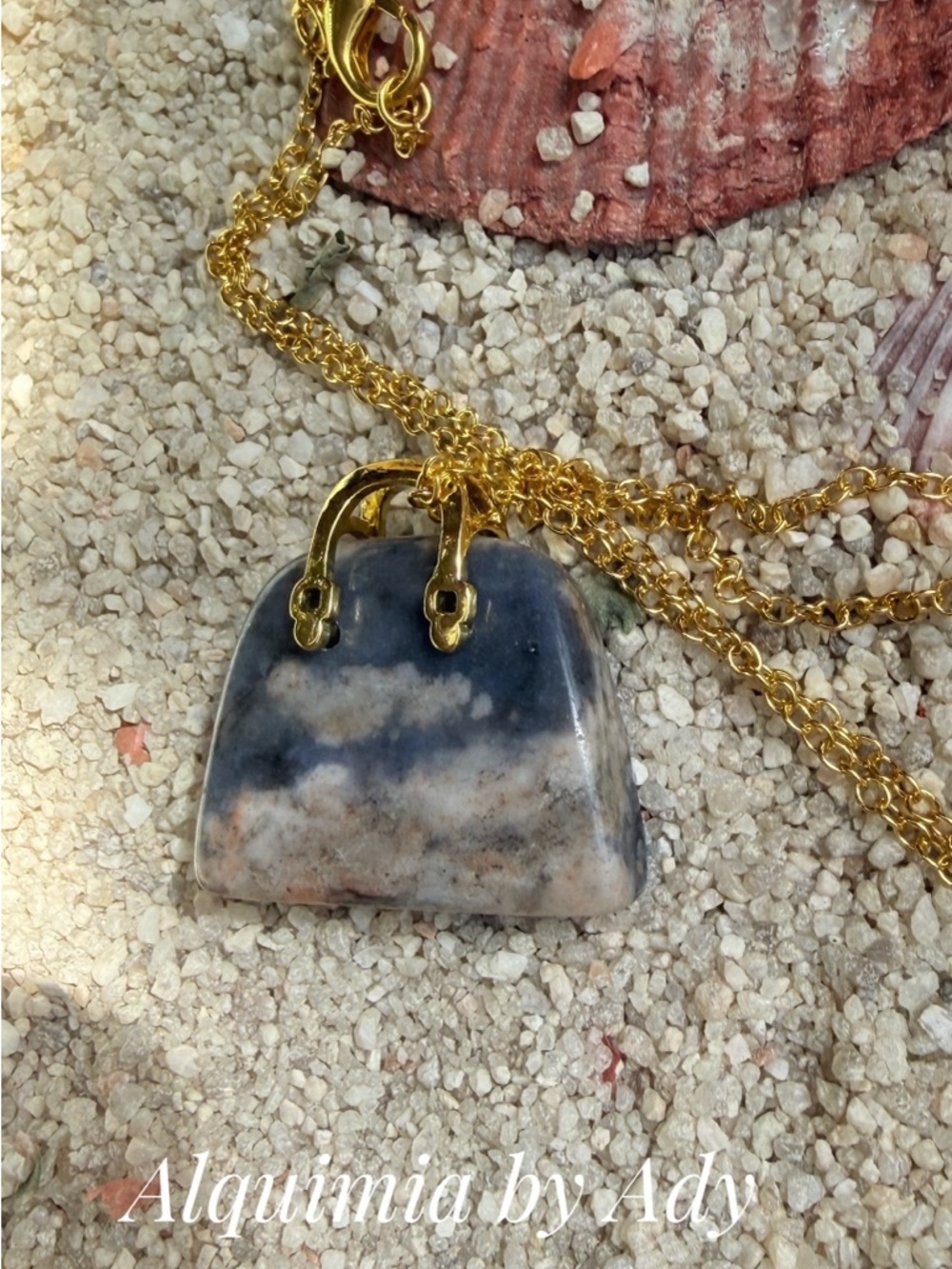 OCEAN JASPER Gold-Tone Navy and Cream Marble Handbag Pendant Necklace